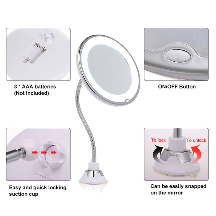 BeautyMirror, zrcadlo s přiblížením, výkonným LED světlem a ohebným držákem - Image 6