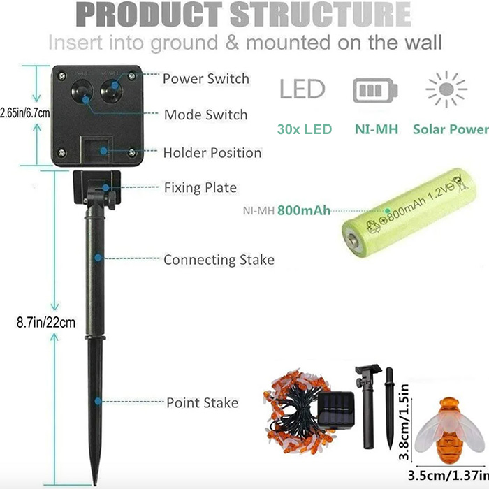 BeeLights, solární lampa se 30 LED světly ve tvaru včel - Image 2