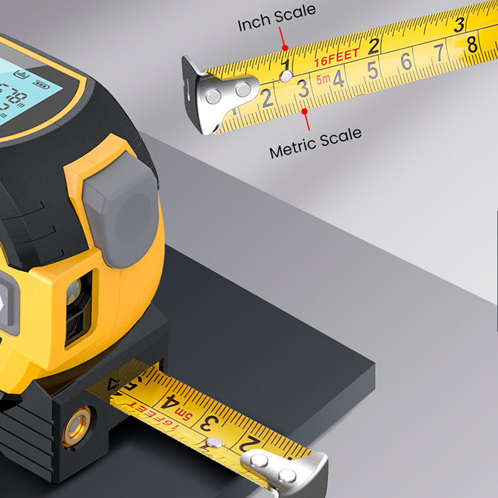 2 metry v 1 produktu - klasický metr, který měří délku až 5 metrů a laserový metr, který měří vzdálenost až 40 metrů!